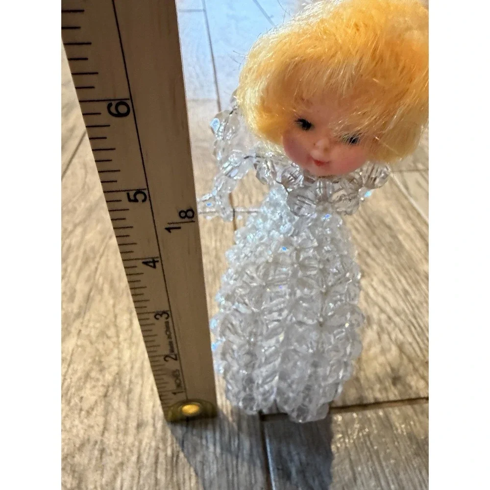 Angel Figurine Ornament‎ Small Clear Beaded Blonde Vintage Handmade Christmas